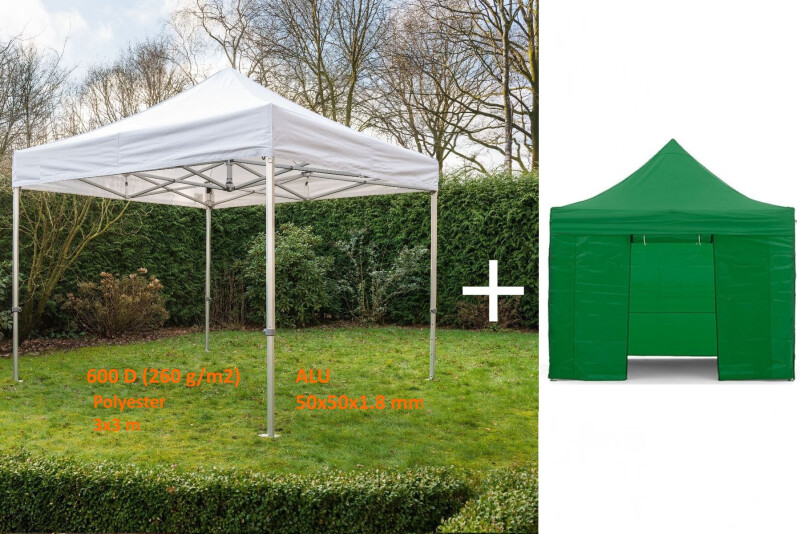 Pop Up Folding white awning 3x3 m + green roof and canopy walls (50x50x1.8 mm frame, N series)